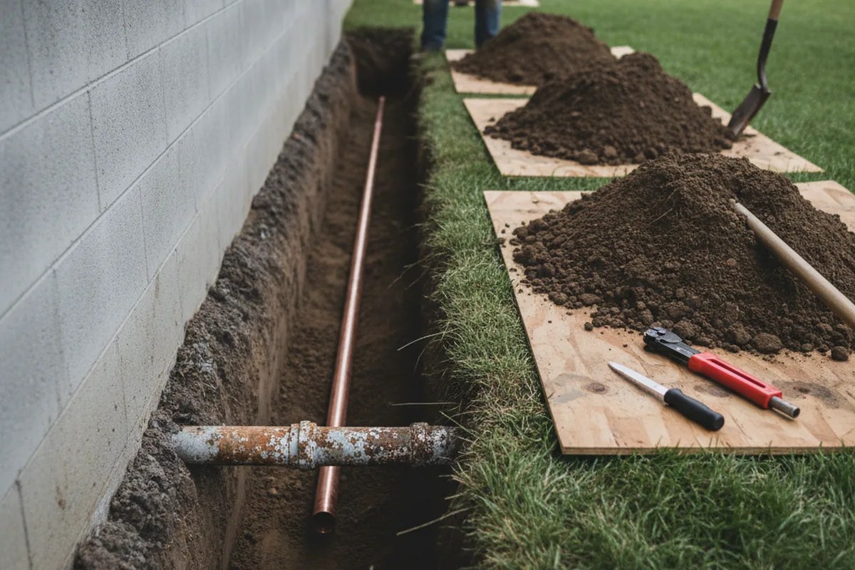 Excavated water line trench during Water Softener Installation in Wassaic